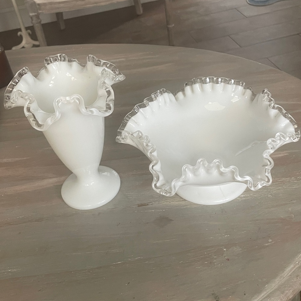 White Ruffled Fenton Silver Crest Milk Glass Vase and Compote Set.